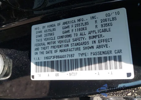 2010 Honda Accord 3.5 Ex-L from USA, damaged, VIN 1HGCP3F89AA017187